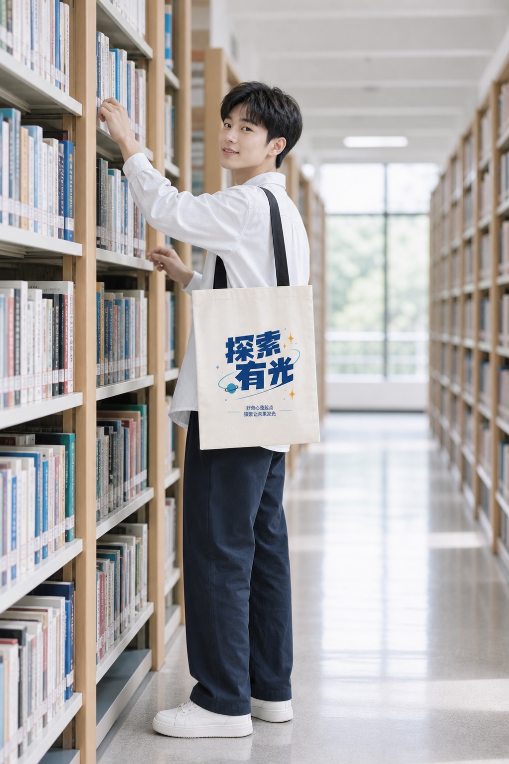 图书馆场景中的探索有光帆布袋