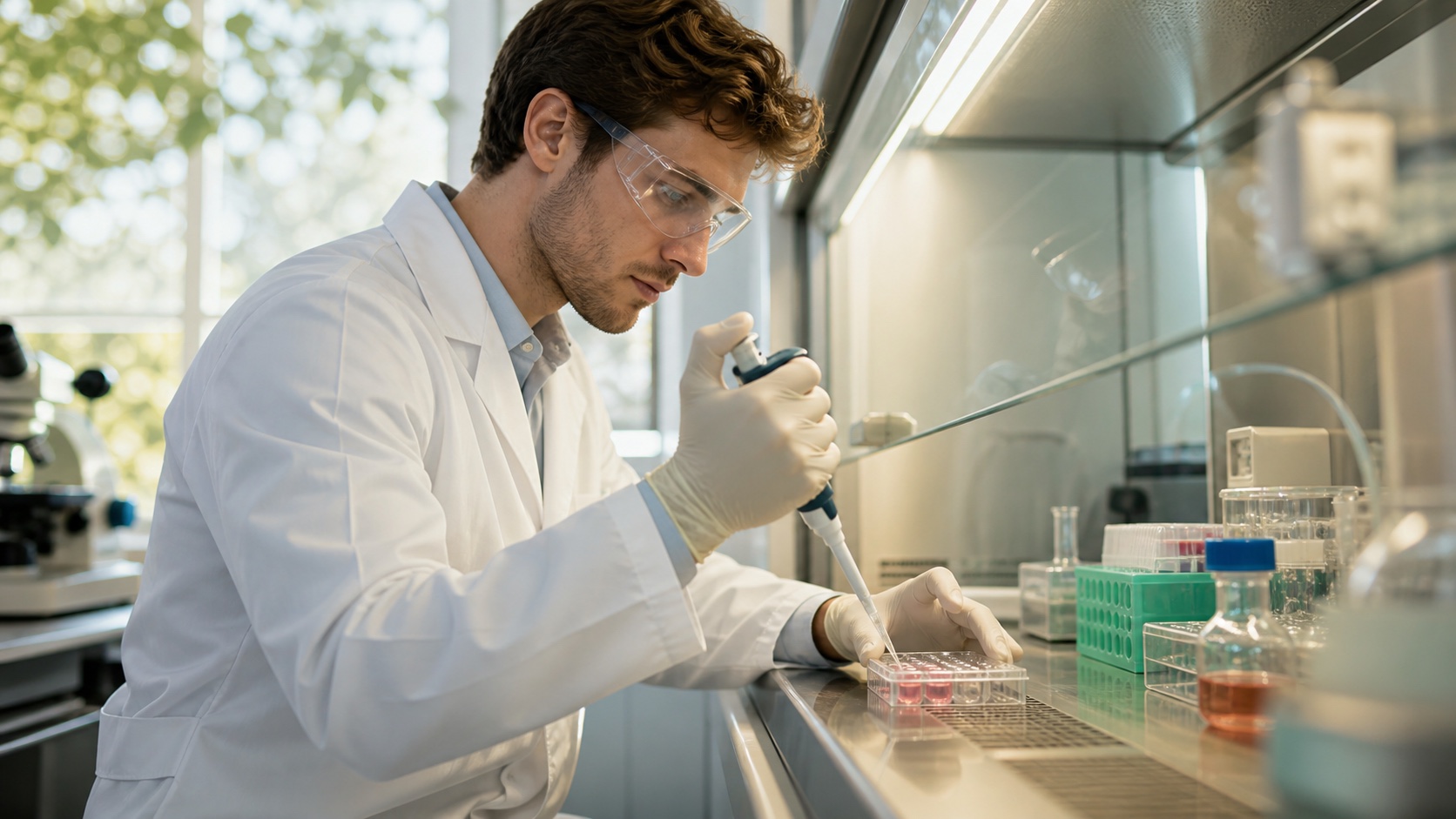 男性科研人员在生物安全柜中进行细胞培养操作